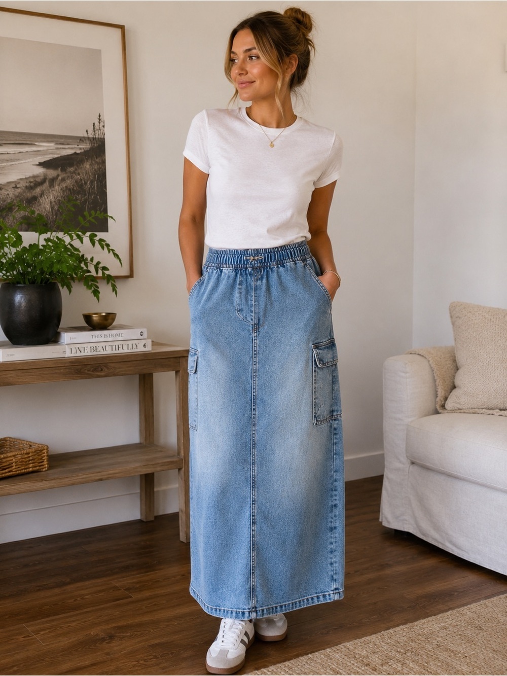 RE Generation Y2K Inspired Denim Maxi Skirt Utility Cargo Light Wash XS/S - Picture 2 of 7
